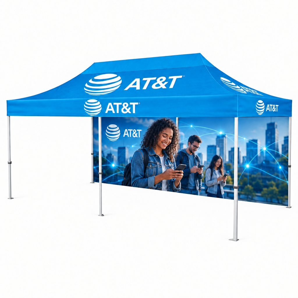 AT&T tent with back wall only and open sides