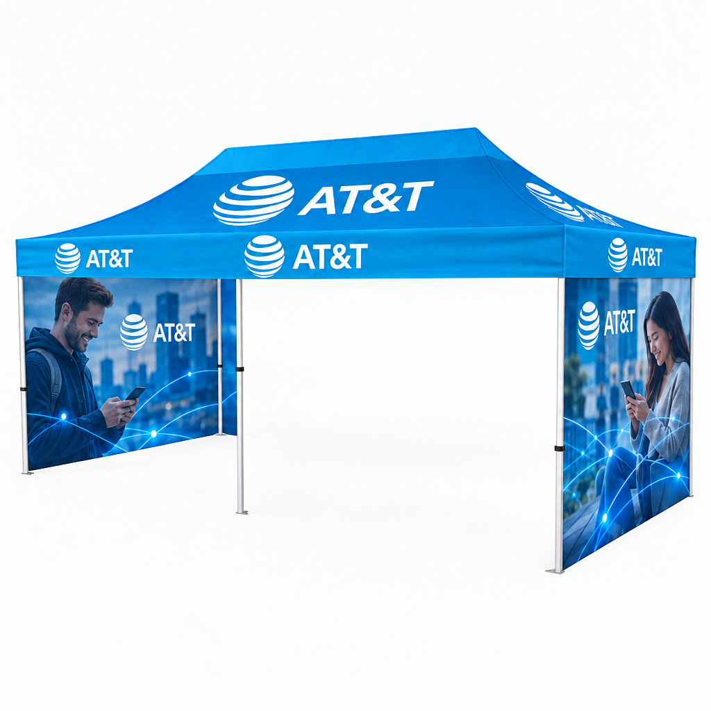 AT&T tent with full-height sidewalls and no back wall