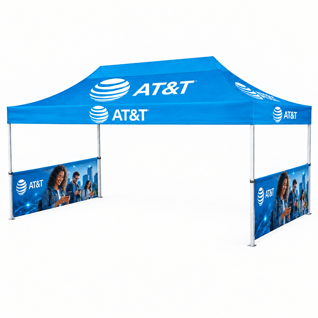 AT&T tent with half-height sidewalls and an open back